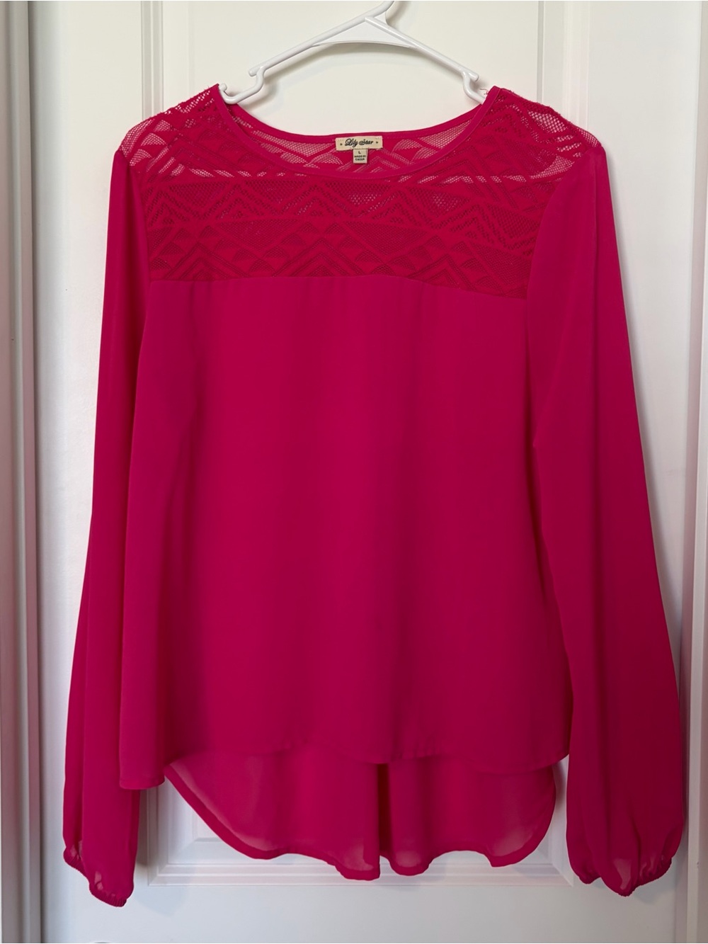 Lily Star Fuchsia Long-Sleeve Lace Yoke Top
Size L